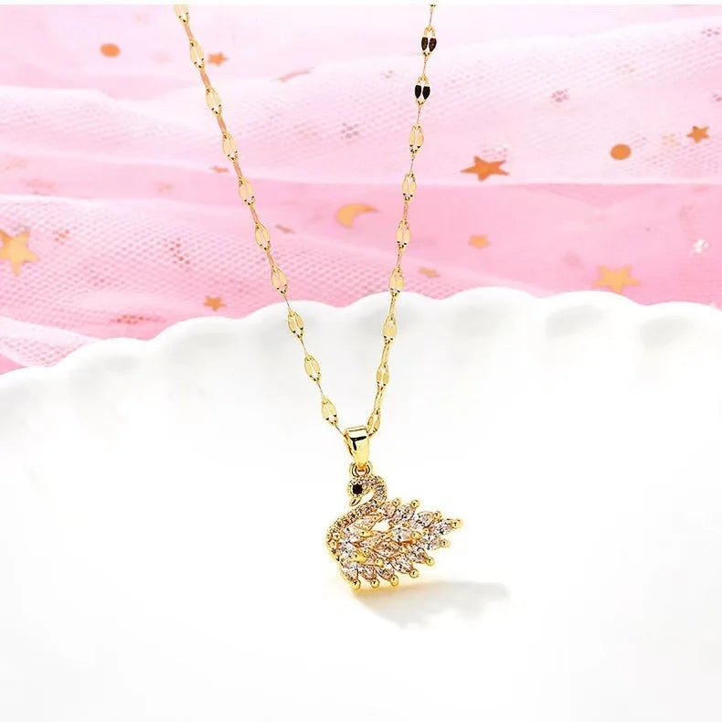 Simple Titanium Steel Crystal Diamond Swan Necklace Fashion Temperament Clavicle Chain Pendant Popular Jewelry