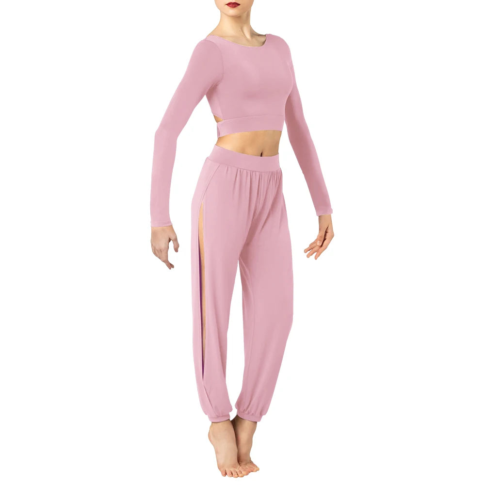 MiDee Contemporary Dance Suit 2 Piece Outfit Modern Ballet Long Sleeve Backless Lyrical Stage Performance Dance Wear for Women