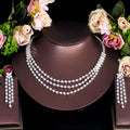 Sparkling White Cubic Zirconia Stone Multilayer Necklace and Tassel Earrings Bridals Jewelry Set for Women Bohemian Accessories