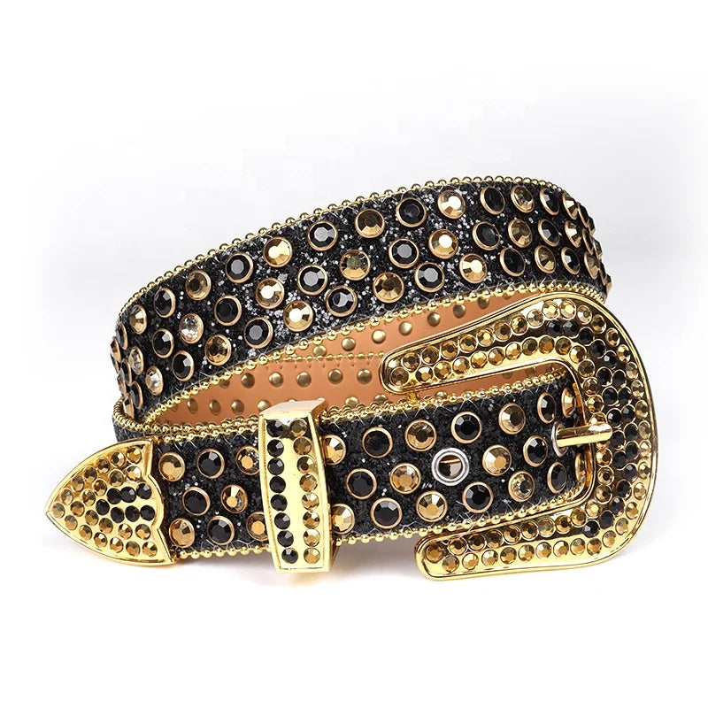 Premium Western Punk Golden Rhinestone Belt Men Studded Cowboy Diamond Leather Crystal Belt