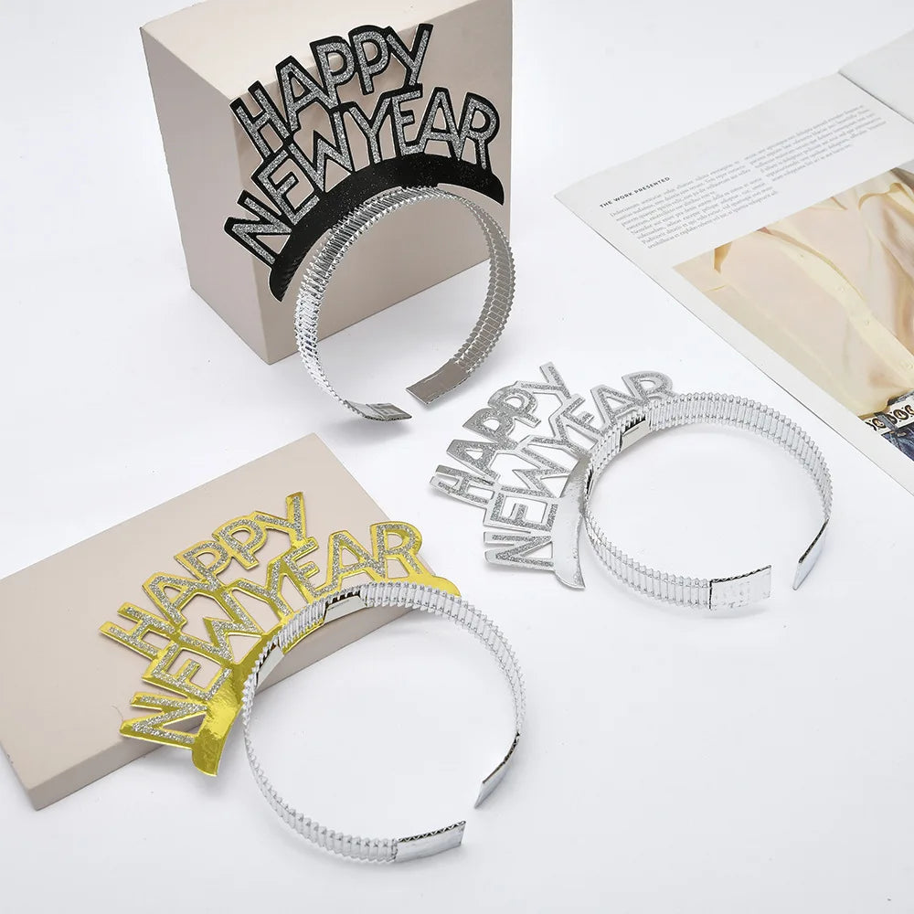 2024 Happy New Year Letters Headband Gold Silver Black Aluminum Foil Paper Hair Accessories New Year Party