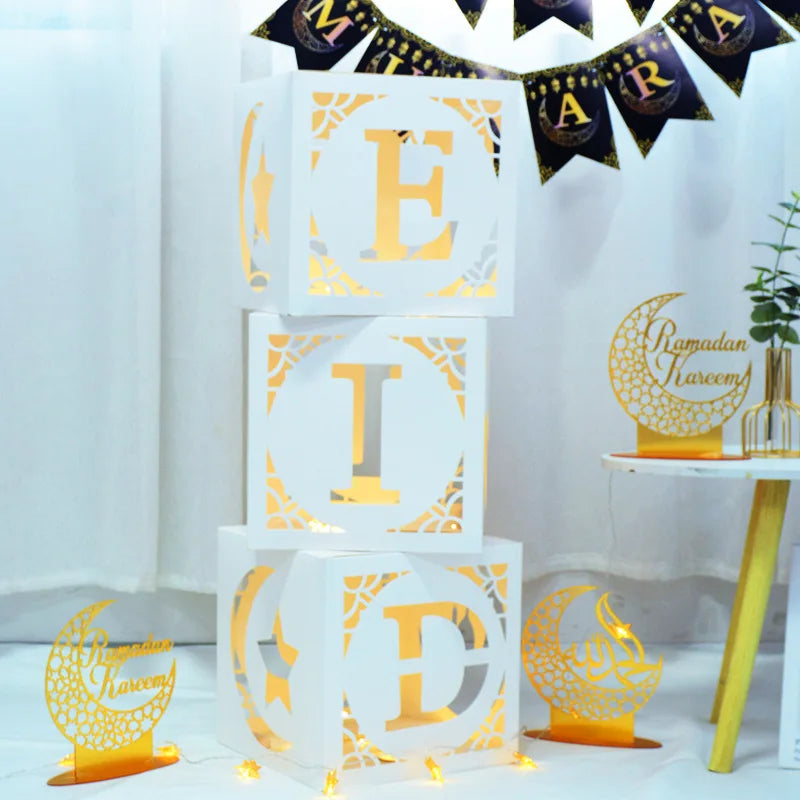 NEW ARRIVAL EID Mubarak Ramadan Decoration LED EID Transparent Box Castle Moon Star Balloon Box Matte Transparent Blocks