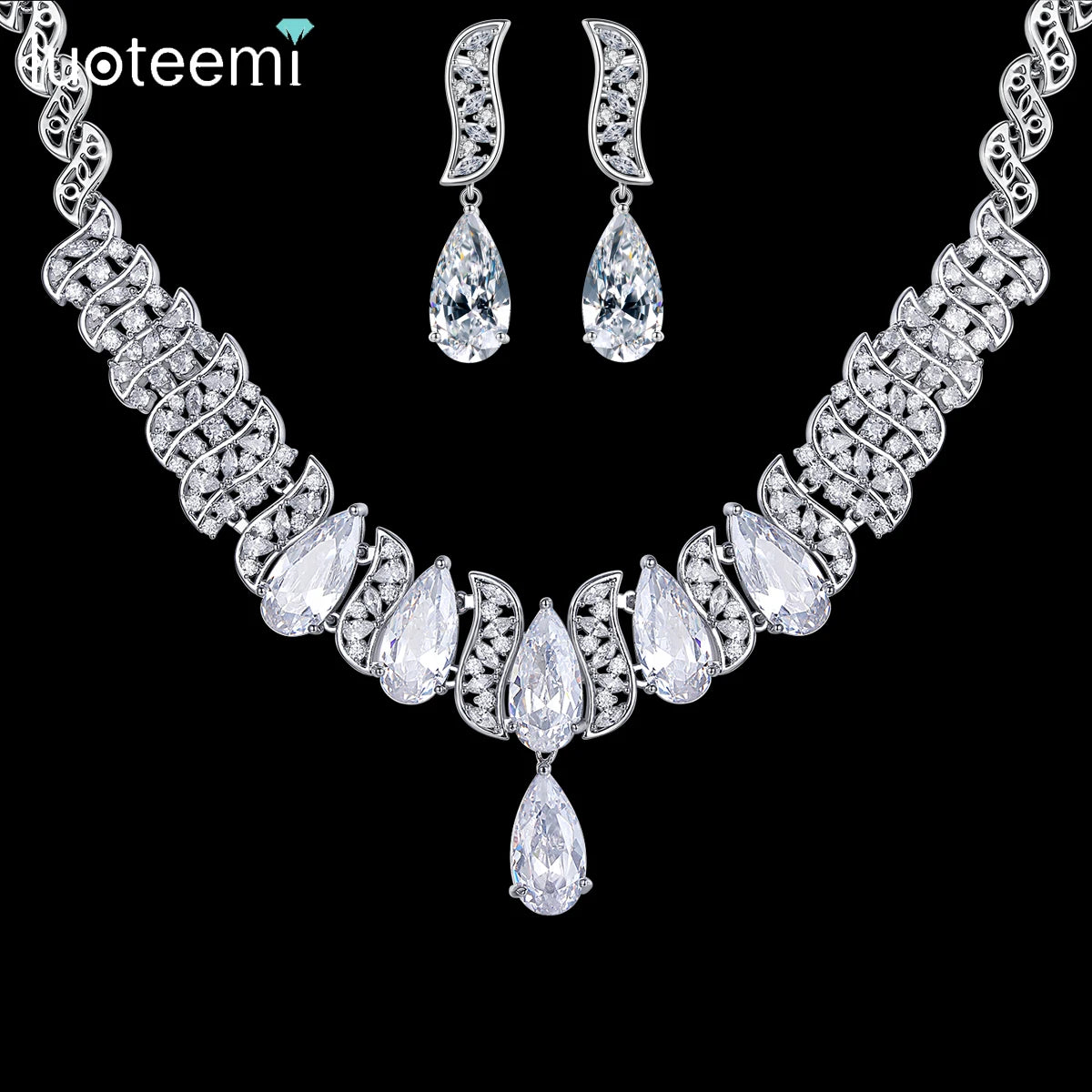 LUOTEEMI Cubic Zirconia Fashion Earring Big Woman Wedding Exaggerated Stone Necklace Bridal Jewelry Set