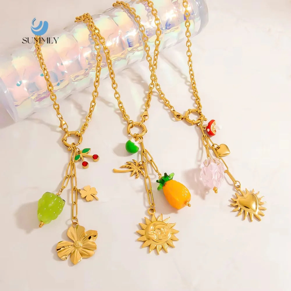 SUMMLY Trend Personalized Fruit Flower Pendant 18K Gold Plated Stainless Steel DIY Necklace Charm Fashion Jewelry
