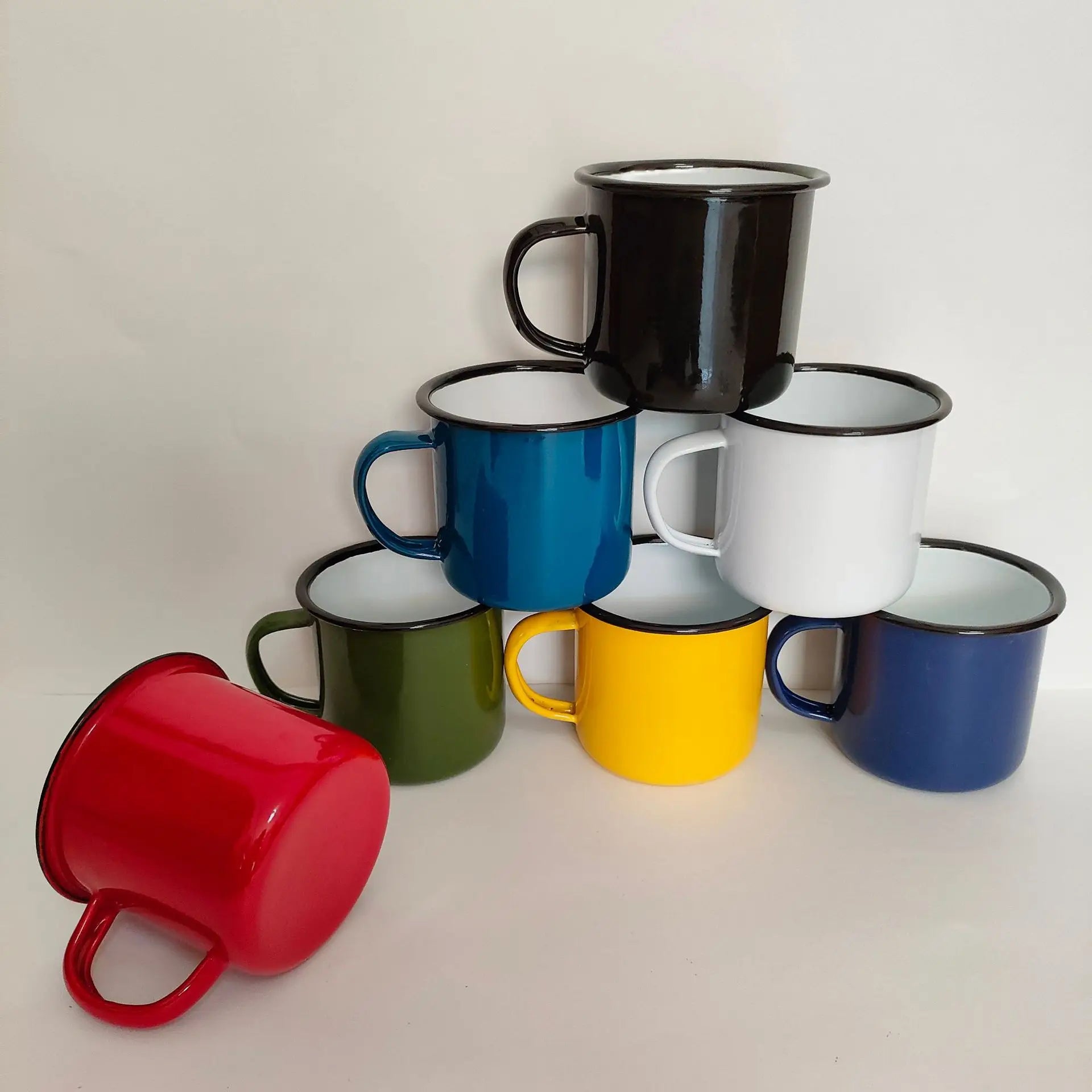 Portable 12oz/350ml Coffee Camp Cups with Lid Durable Enamel Wide Handle & Smooth Rim for Indoor Outdoor Activities