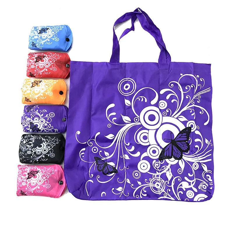 Custom Logo Reusable Folding Tote Bag Butterfly Printed Striped Polyester Grocery Shopping Bag