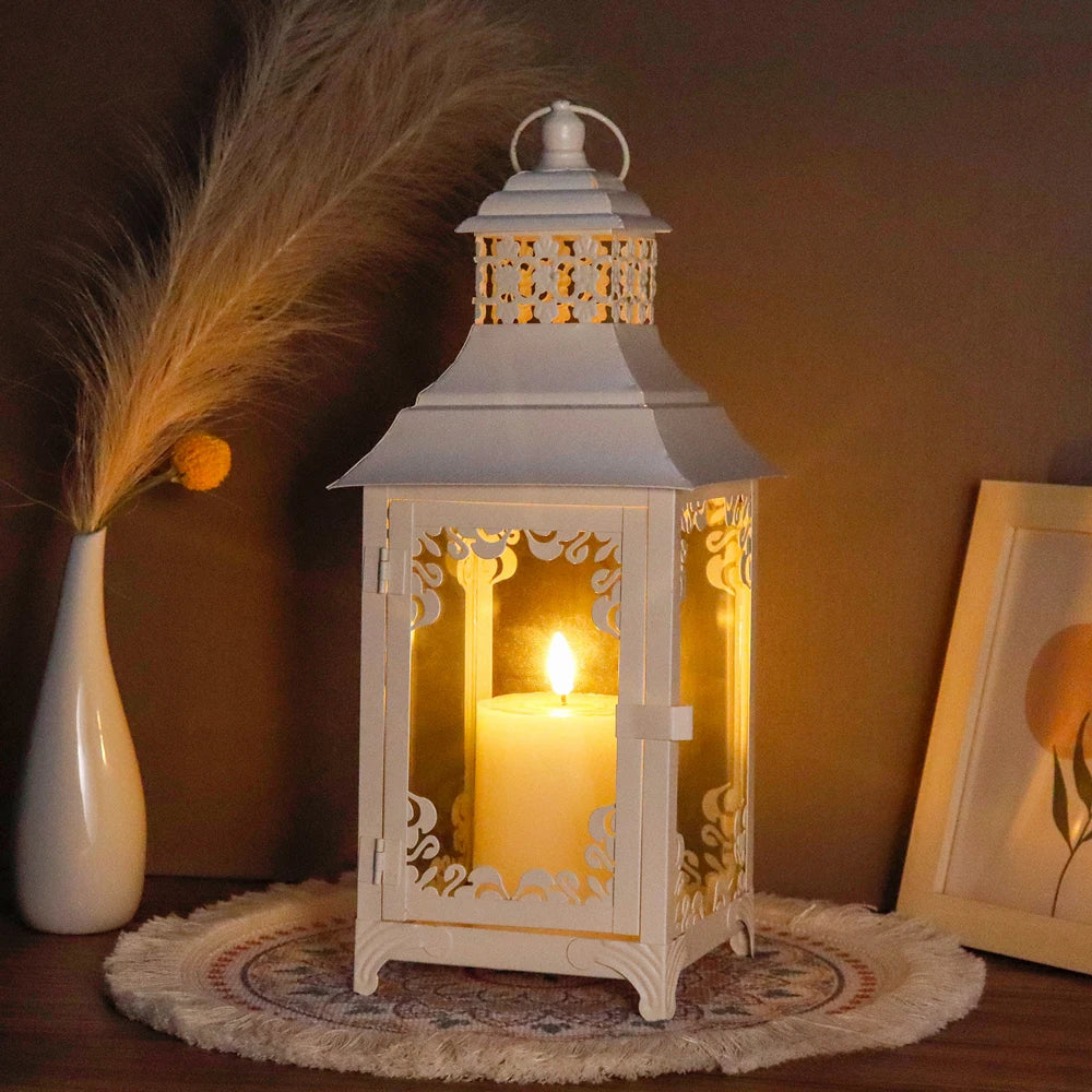 Vintage Brushed White Candle Lantern for Wedding Events and Home Decoration Metal Candleholder