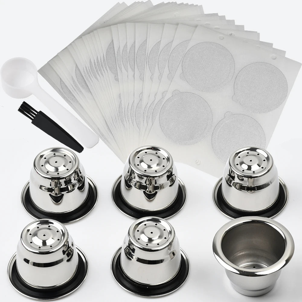 Reusable Capsules for Nespresso OriginalLine 6pcs Refillable Espresso Pods Stainless Steel Coffee Pods with 200pcs Foil Lids
