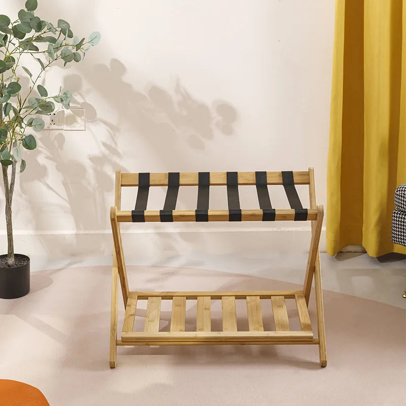 2025 New Natural Thickened Bamboo Foldable Luggage Rack Modern Design Wood and Metal Bedroom Storage Rack for Home or Hotel