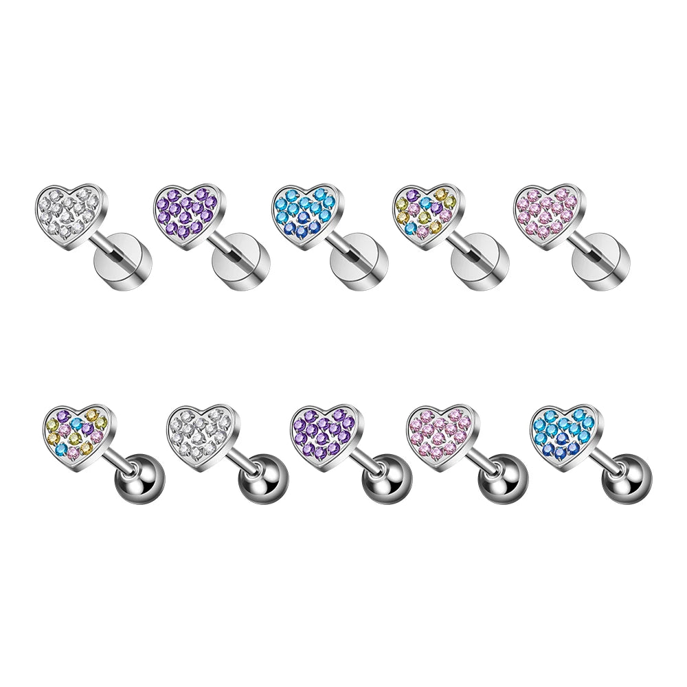 New ASTM F136 G23 Titanium Heart Shape Nose Stud Multicolor CZ Inlay Ear Cartilage Tragus Helix Lobe Women Body Piercing Jewelry