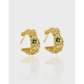 18K Gold Plated Texture Chain Hoop Earring Irregular 925 Sterling Silver Green Zirconia Chain Stud Earring