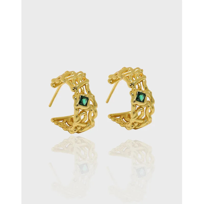18K Gold Plated Texture Chain Hoop Earring Irregular 925 Sterling Silver Green Zirconia Chain Stud Earring