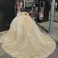 Gold Quinceanera Dresses Appliques Long Train Flower Sweet 15 16 Years Birthday Party Prom Dress Pageant Dresses MQ639