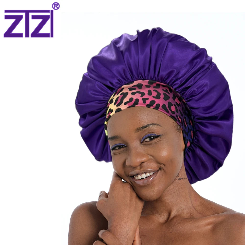 ZTZI Wholesale Elastic Band Polyester Colorful Leopard Print Wide Band Adjustable Bonnet Satin Sleep Cap Bonnet