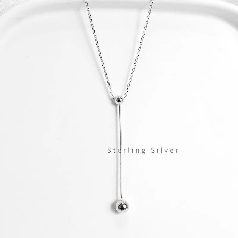 925 Sterling Silver Long Bar Round Glossy Ball Pendant Necklaces Women Fine Jewelry