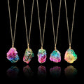 Fashion Crystal Rock Necklace Rainbow Natural Stone Pendant Necklace Gold Color Chain Quartz Long Necklace for Women Gift