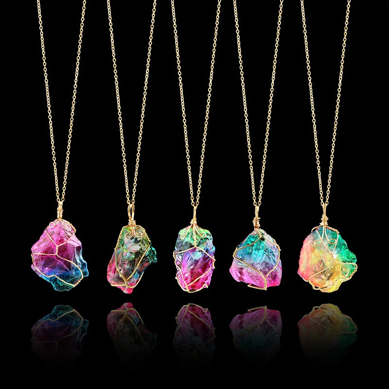 Fashion Crystal Rock Necklace Rainbow Natural Stone Pendant Necklace Gold Color Chain Quartz Long Necklace for Women Gift