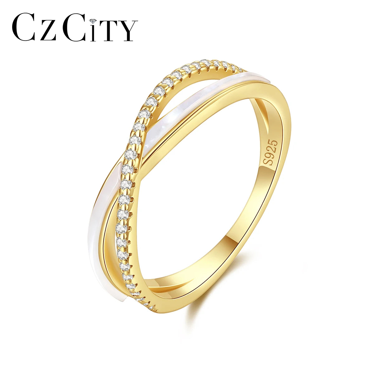 CZCITY Engagement Shell Silver Women's 925 Sterling Woman Eternity Fashion Zircon Wedding Band Ring