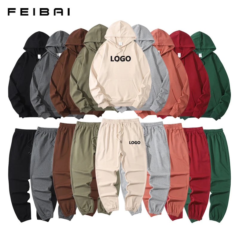 FEIBAI Factory ODM OEM Ready Stock Wholesale Custom 320 Grams 100% Cotton French Terry Unisex Jogger Sweatpants and Hoodie Set