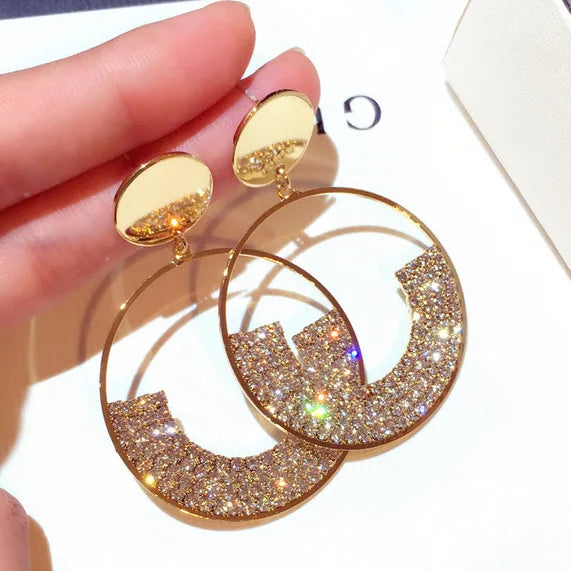 New Fashion Korean Silver Needle Earrings Exaggerated Trend Set Water Diamond Circle Temperament Hoop Earrings Pendant Female