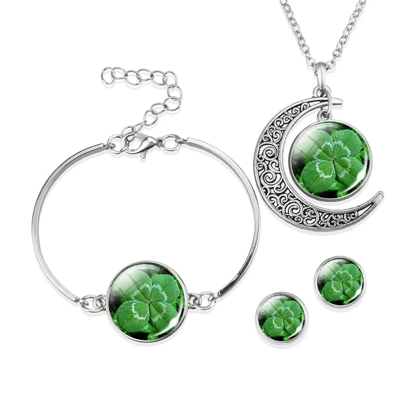 Shamrock Stud Earrings with Moon Pendant Necklace and Four Leaf Clover Bracelet - Glass Cabochon Lucky Jewelry Set