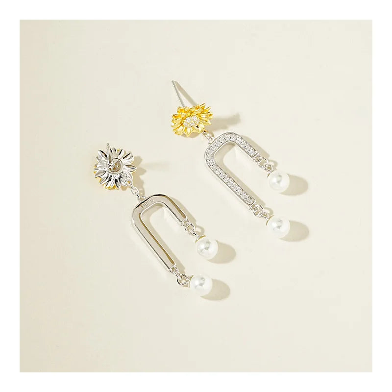 Free Video and Picture  Pearl Earring Girl S925 Sterling Silver Premium Design Sense Personality Sunflower U-shaped Earrings