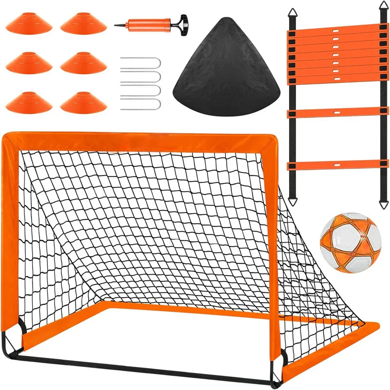 4FT Portable Soccer Goal Kids Square Fiberglass Frame Net Orange Foldable Adjustable Eco-Friendly Easy Assembly With Packing Bag