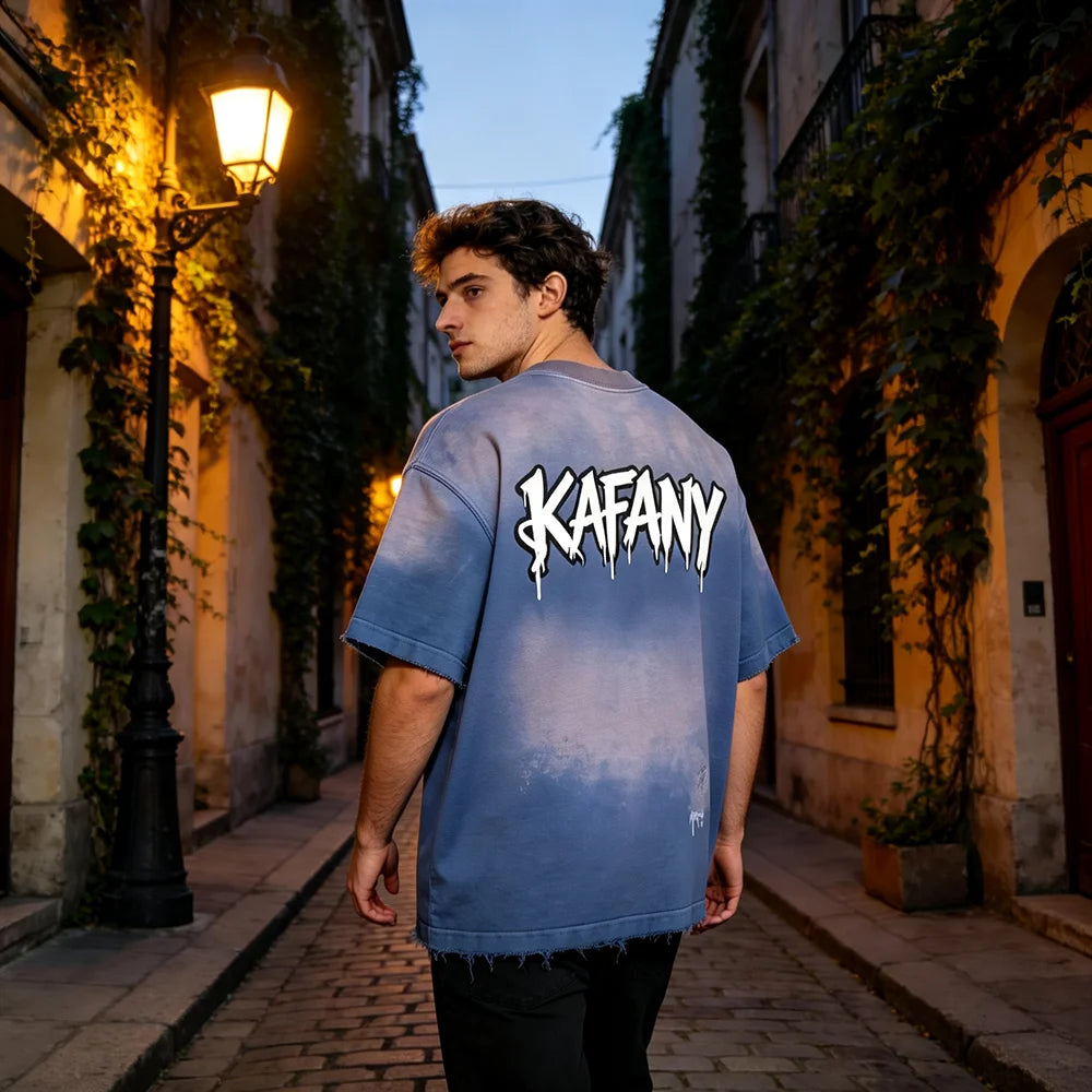 Custom Heavyweight Vintage Gradient Blue Oversized T Shirt Manufacturers Logo Print Streetwear Cotton Washed Distressed Tee