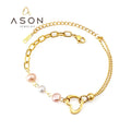 Ason Jewelry Fashion Hot Sale Stainless Steel 18k Gold Plating Heart Shape Hollow Bracelet Women White pink Pearls Bead Bracelet