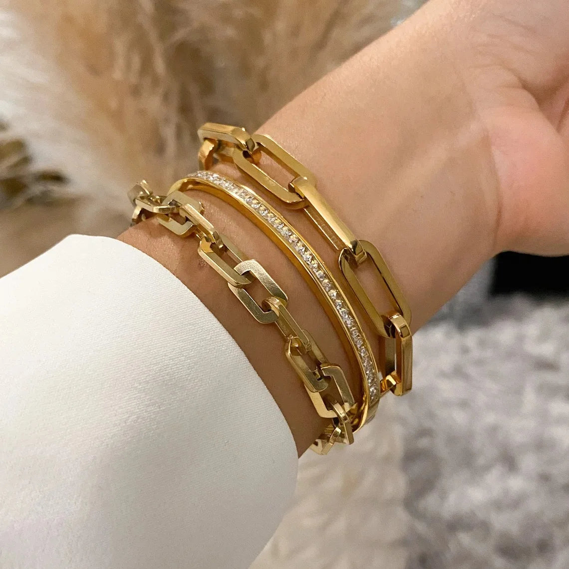 Modern Stainless Steel Chain Bracelet Women Link Paperclip Bracelet 18K Gold Plated Hip Hop Cuff Bangle