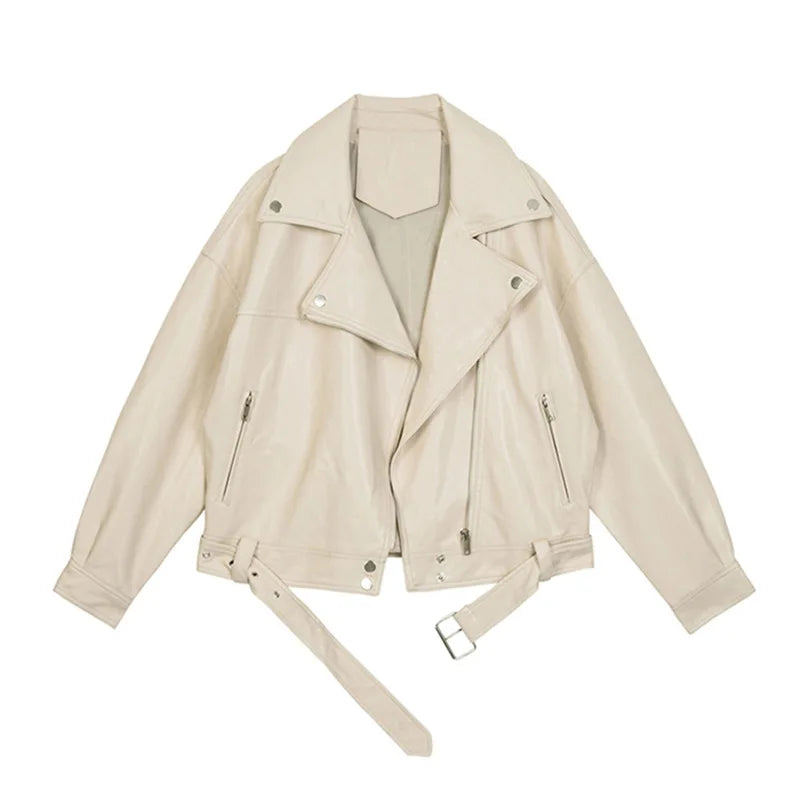 New Spring Women Pu Leather Motorcycle Jacket Female With Belt Solid Color Jackets Ladys Loose Casual Jacket