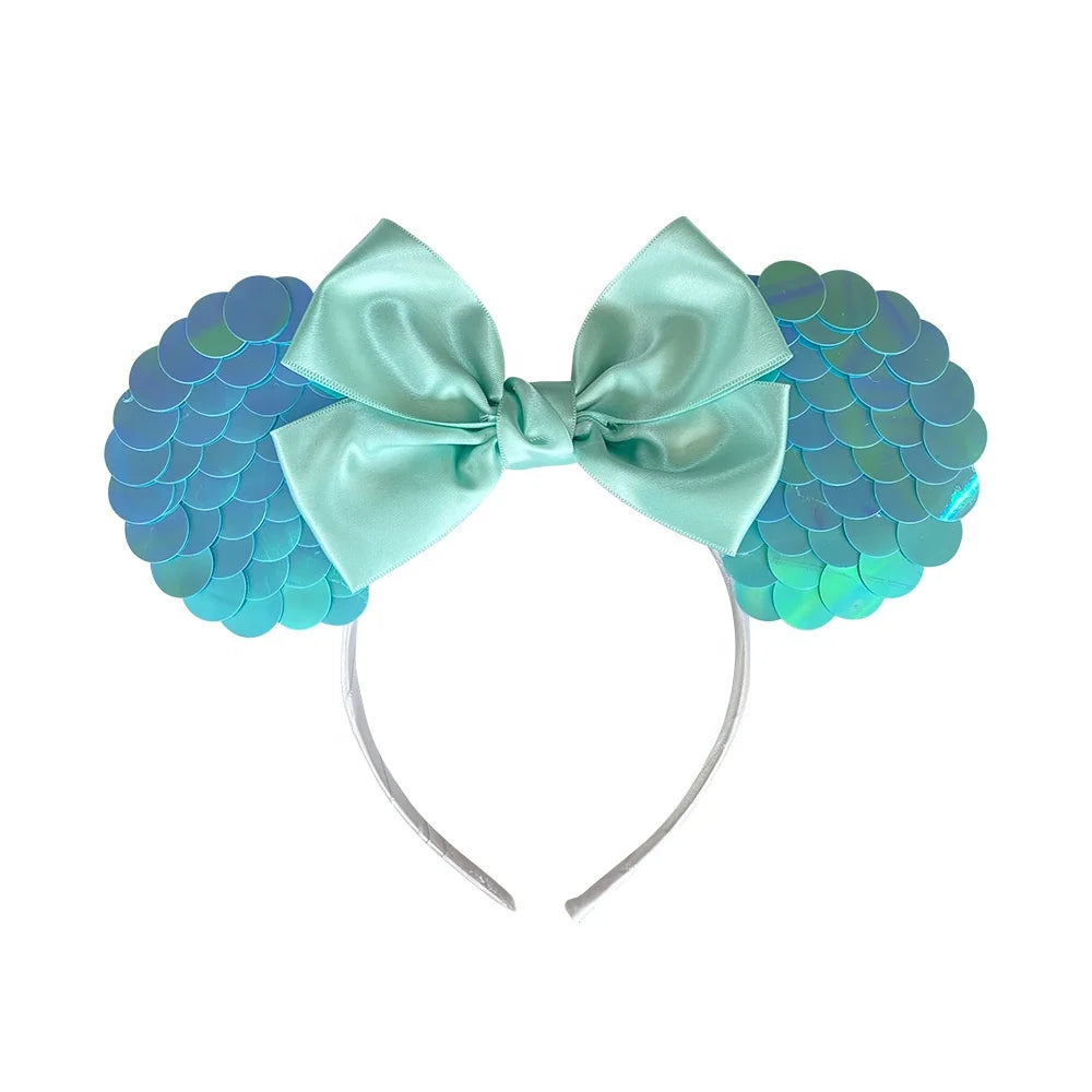 Ziming New Designed Mermaid Scale Candy Color Sequins Mouse Ears Headband Satin Bow Headband Kids DIY Headband