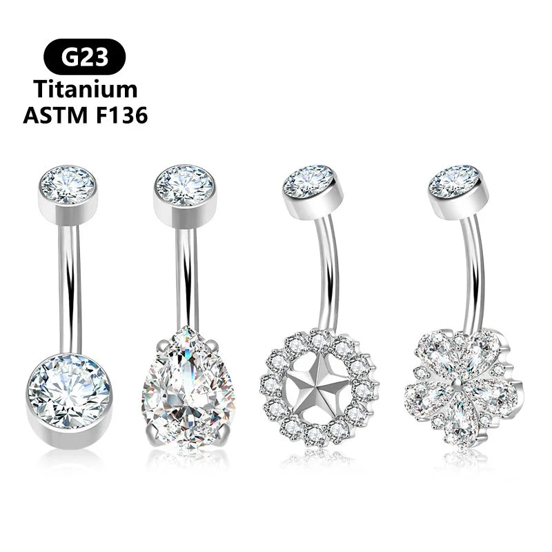 14G Titanium Geometric Trendy Belly Button Ring Internally Threaded Waterdrop Star Flower Zircon Body Jewelry for Navel Piercing