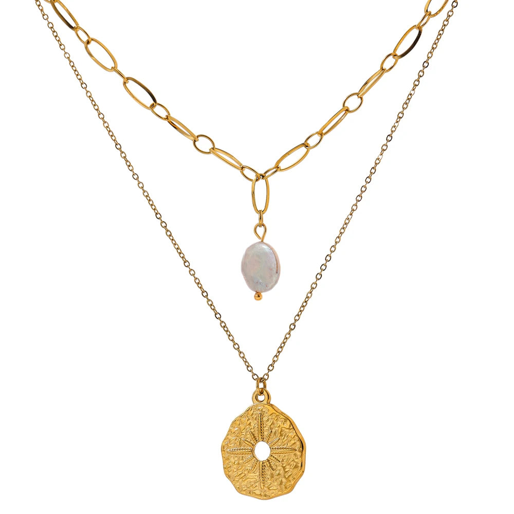JINYOU 1481 Round North Star Layered Pendant Necklace Golden Stainless Steel Jewelry Natural Pearl Chain Collar Necklace