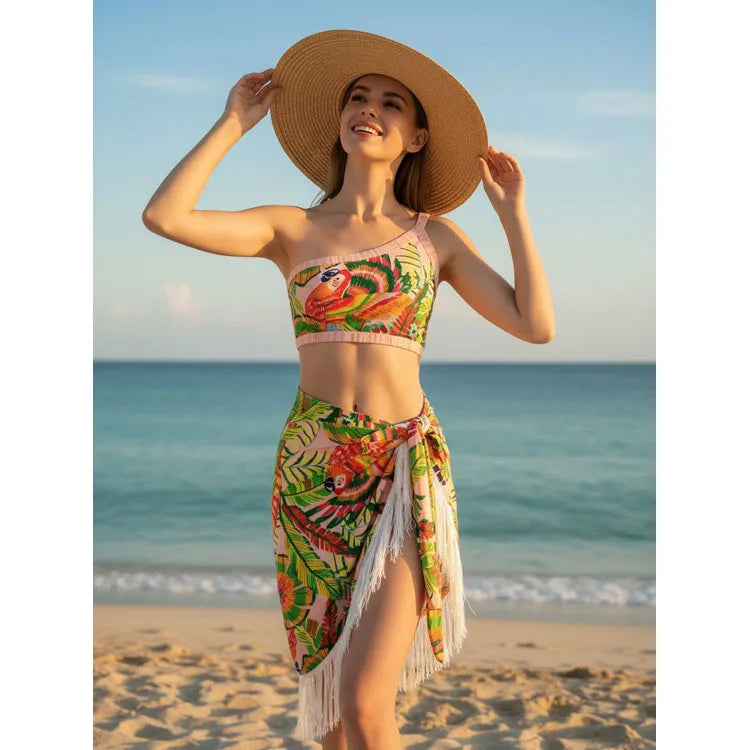 2025 New Tropical Style Rio Parrot Print Ruffle One Shoulder Three Pieces Bikini With Long Skirt Women Swimsuit Swimwear
