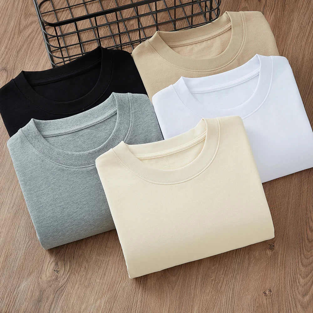 320g Japanese Washed Carbon Brushed Tee | Custom Logo Couples Solid White Heavyweight Long-Sleeve