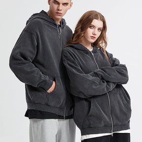 Heavy Pound 420g Wool Ring Zipper Hoodie Pure Cotton Made Old Retro Edging Damage Hoodies Unisex
