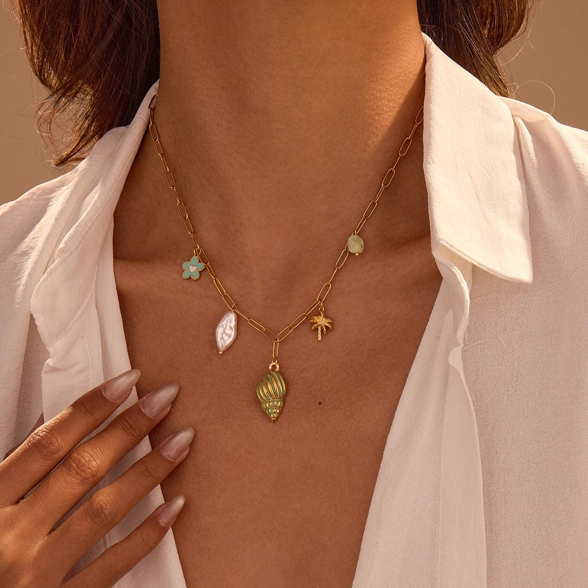Hawaii Summer Stainless Steel Necklace for Girls Conch Flower Pearl Pendant Beach Party Jewelry Wholesale
