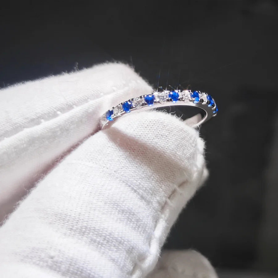 New Trend Fine Jewelry Simple Rhodium Plated 925 Sterling Silver White Blue Gemstone Eternity Band Ring for Women Unisex
