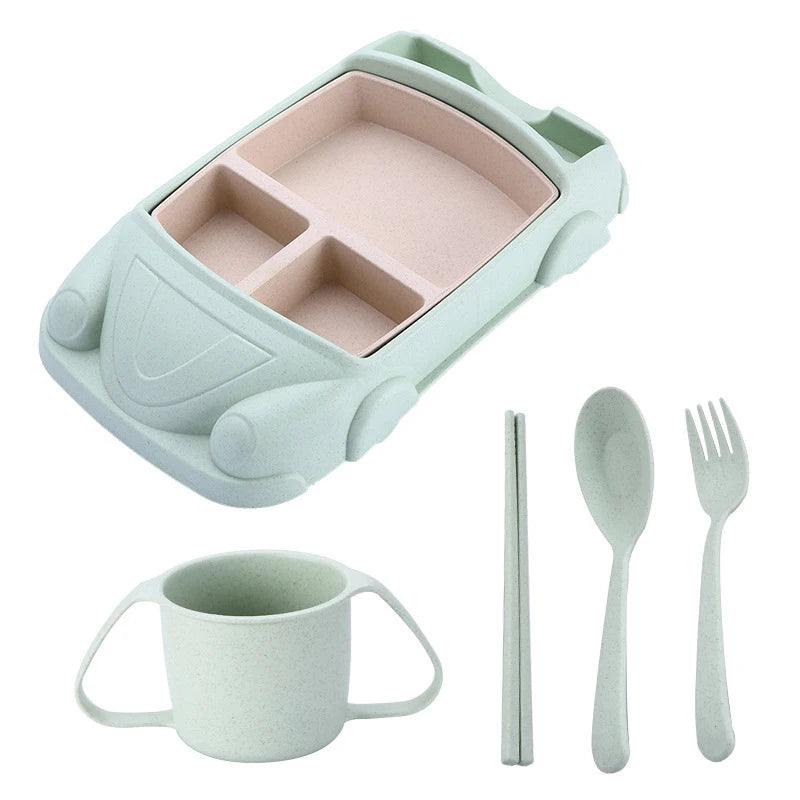 Microwave Safe Reusable BPA Free Kids Cutlery Set Bamboo Plate Biodegradable Kids Food Bowls Creative Food Cartoon Car