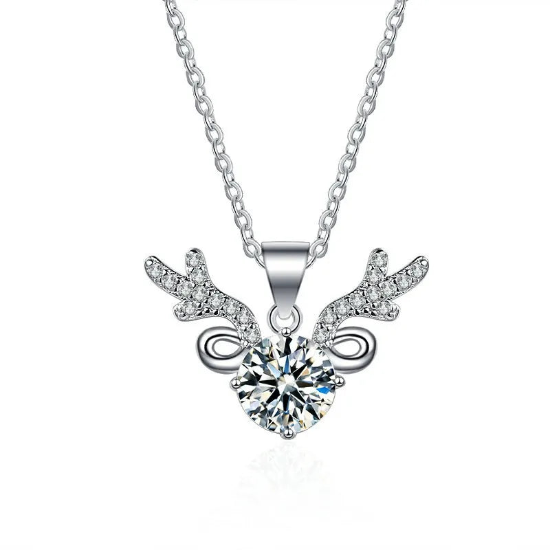 S925 Sterling Silver Christmas Deer Head Pendant Necklace Moissanite Clavicle Neck Chain