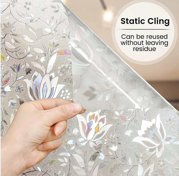 Modern Home Window Privacy Film 3D Iridescent Rainbow with Floral Pattern Static Cling Explosion-Proof Decorative Window Film