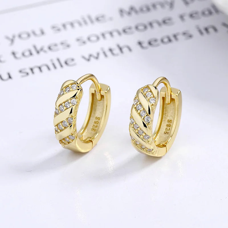 American European Fashion 925 Sterling Silver Earring Elegant Twist Row of Zircon Gold Plated Hoop Earrings Women