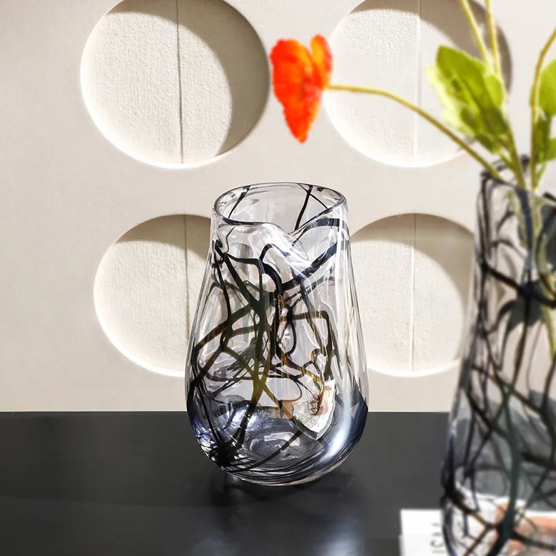 Flolenco Hand Drawn Abstract Black Line Glass Vase for Home Decor Luxury Decoration Interior Tabletop Glass Flower Vases