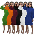 20236 New Fashion Solid Color High Neck Fall Winter Peplum Handmade Knitted Dress Casual Sweater Dress Women's Dresses