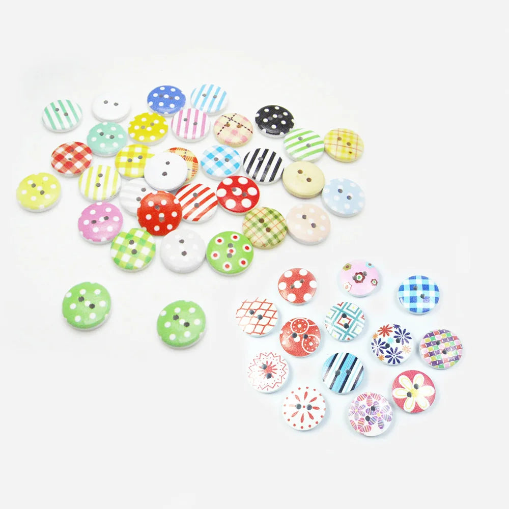 Hot Sale Bulk Stock 24L 15mm 2 Hole Printed Mix Patterns Round Wooden Buttons for Kids Clothes
