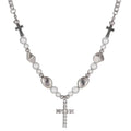 Punk Personalized Pearl Stainless Steel Necklace Zircon Stone Cross Pendant Necklace for Men
