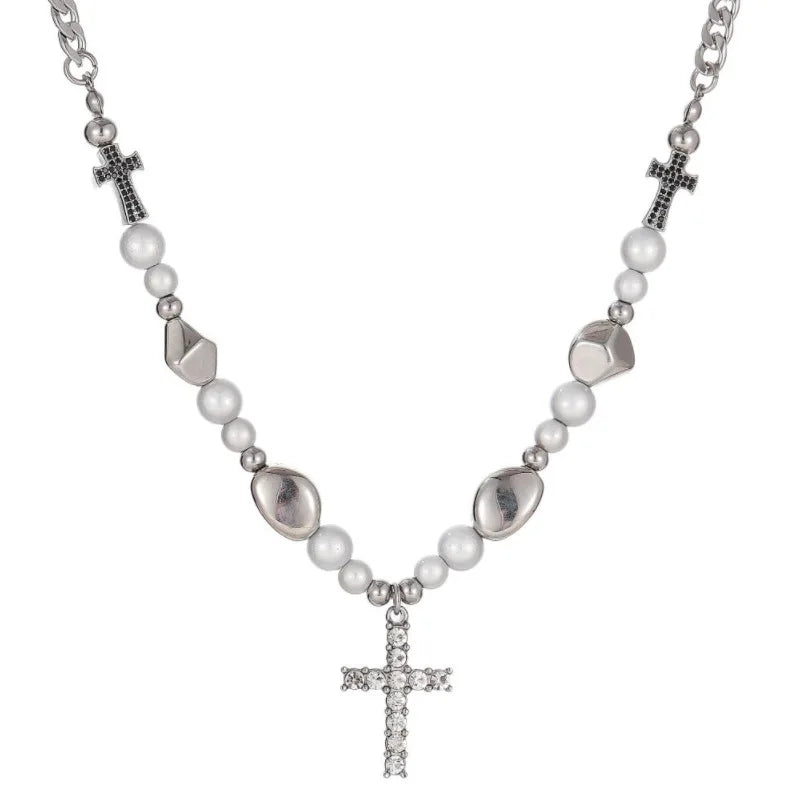Punk Personalized Pearl Stainless Steel Necklace Zircon Stone Cross Pendant Necklace for Men