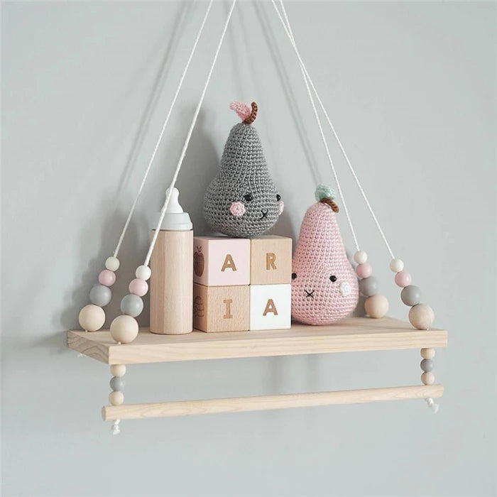 DaiRui Hot Sale Wall Decor Storage Holder Shelf Nordic Style Double Layer Wooden Bead Shelf for Kids Bedroom