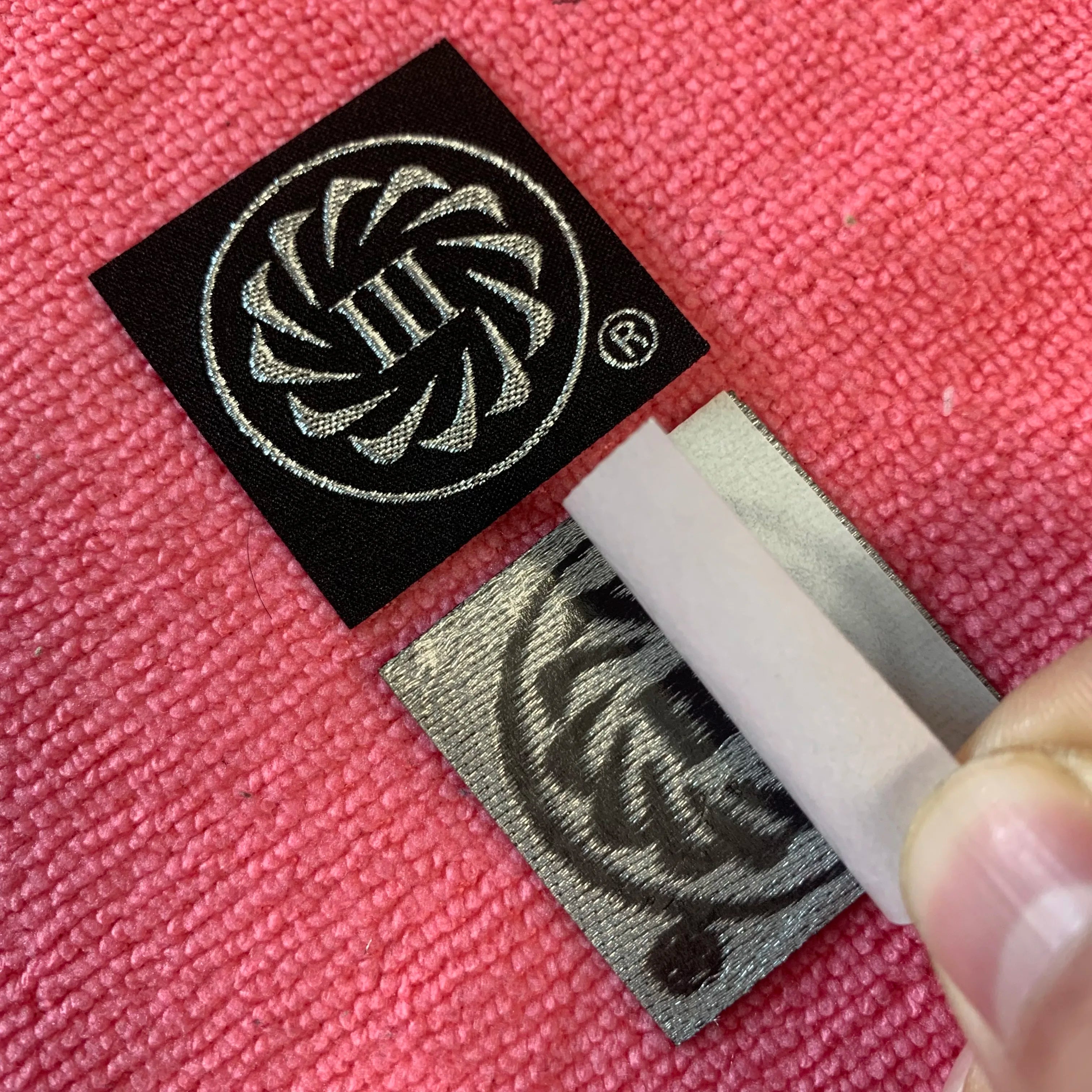 Shiny Silver logo Metallic Thread Iron on Woven Patchlaser Cut square Metallic Silver Heat Press Woven Clothing Label